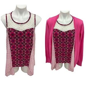 Rewind Womens Top Sweater Combo Large Pink Blouse Floral Lace Sharkbite Hem